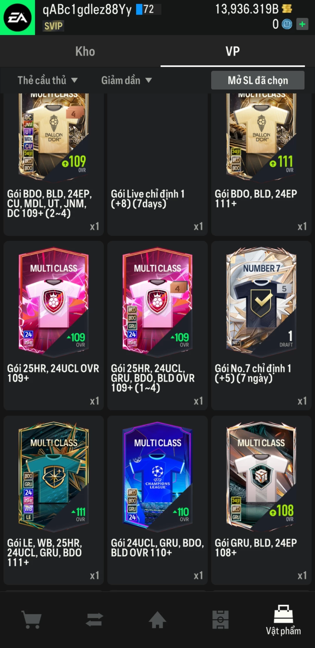 Ảnh ACC mở thẻ (LOẠI VIP) gồm 350+ đến 500+ thẻ cầu thủ từ Siêu sao đến Miền núi các loại. Có sẵn BP trắng từ 11,000 tỷ BP đến 14,000 tỷ BP, ACC còn nhiều ngày SVIP